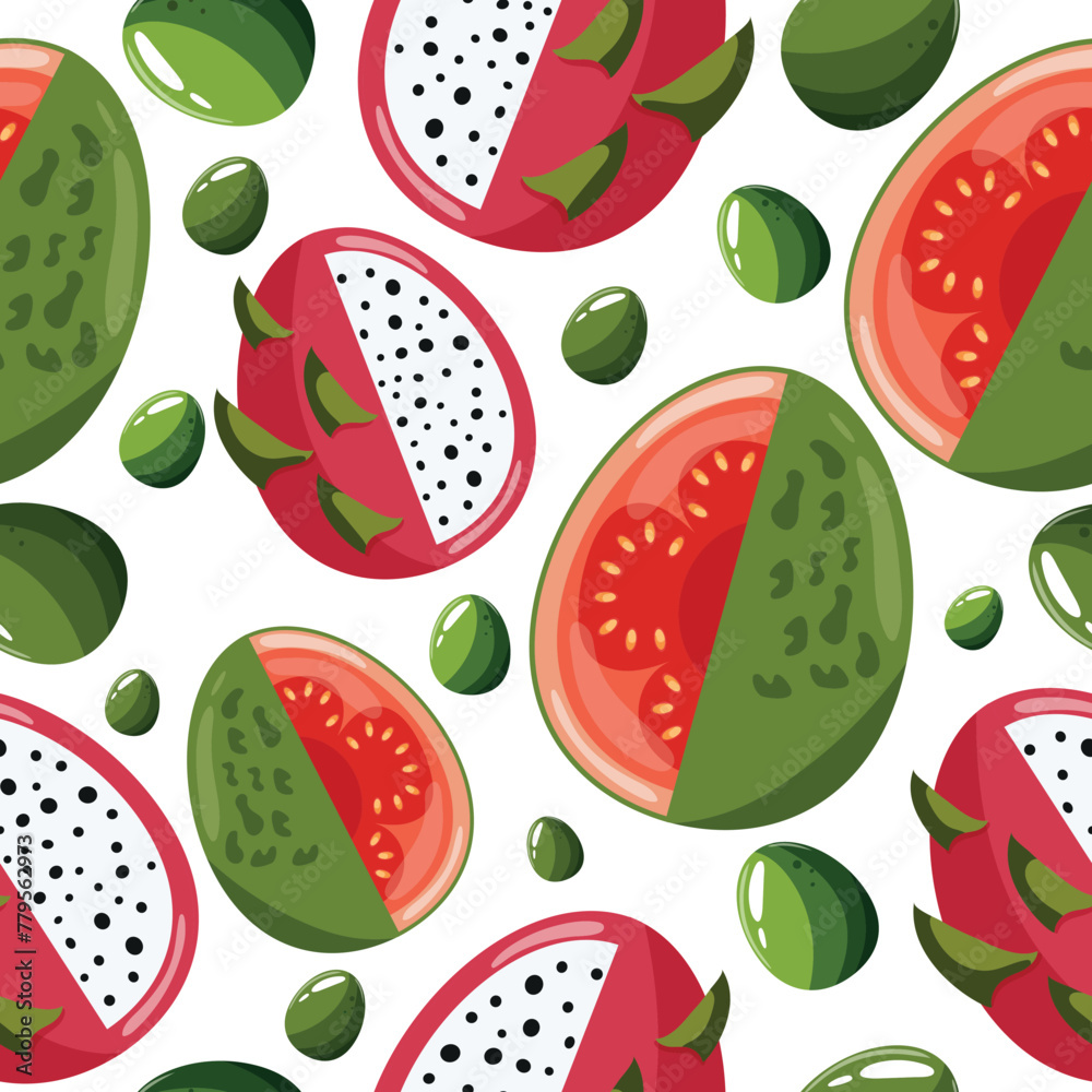 Easter seamless pattern with decorated eggs with dragon fruit, guava and green eggs for holiday poster, textile or packaging Easter seamless pattern with decorated eggs with dragon fruit, guava and green eggs for holiday poster, textile or packaging