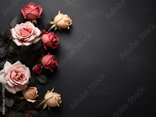 Beautiful roses on black background, flat lay. Space for text