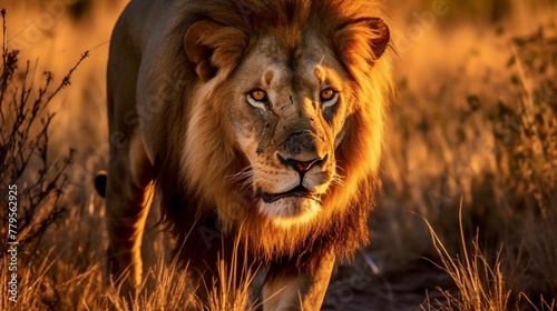 a lion is walking through the grass at sunrise, looking for prey