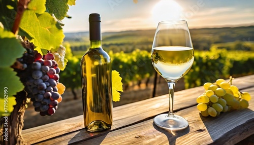 AI generated illustration of a glass of white wine beside a bottle and a bunch of grapes photo