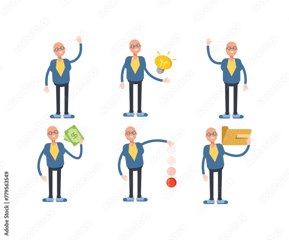 bald businessman characters set in various poses vector illustration