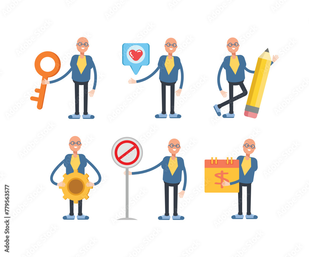 bald businessman characters set in various poses vector illustration bald businessman characters set in various poses vector illustration