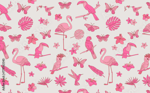 Pink tropical wildlife pattern with flamingos, parrots, toucans, palm leaves and flowers. Design for textile, wallpaper, print. Summer vacation and travel concept.