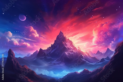 AI generated illustration of a stunning nighttime landscape of majestic mountains