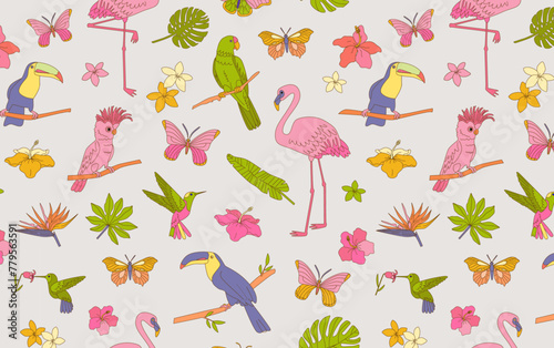Tropical wildlife pattern with flamingos, parrots, toucans, palm leaves and flowers on grey background. Design for textile, wallpaper, print. Summer vacation and travel concept.