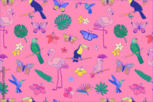 Tropical wildlife pattern with flamingos, parrots, toucans, palm leaves and flowers on pink background. Design for textile, wallpaper, print. Summer vacation and travel concept.