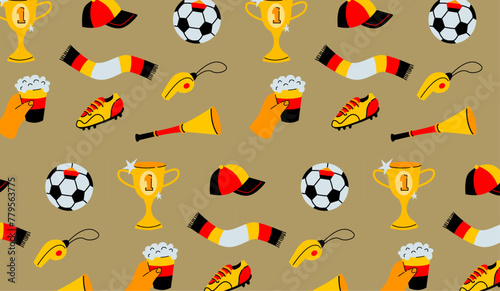 Football match championship wallpaper on beige background. Seamless pattern of Germany soccer elements. Sports event and fan culture concept. Design for textile, wallpaper, print.
