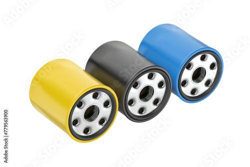 Three different automobile oil filters on transparent background
