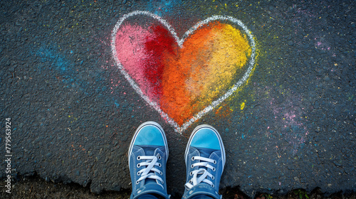 Colorful Chalk Heart on Pavement with Blue Sneakers