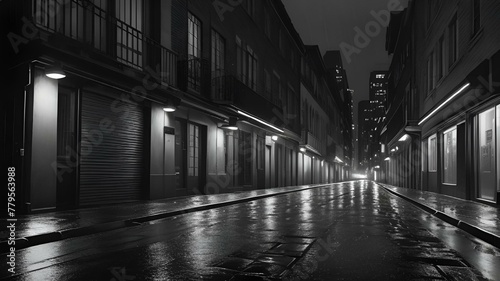 a narrow street lined with buildings and lights in a city at night