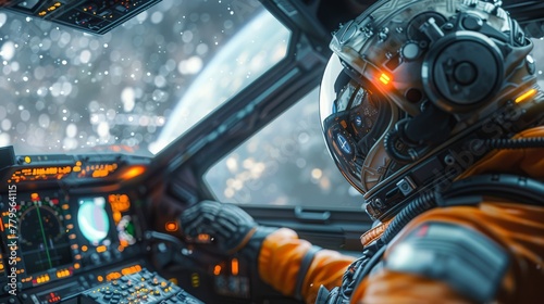 Astronaut Piloting Spacecraft with Glowing Dashboard Controls