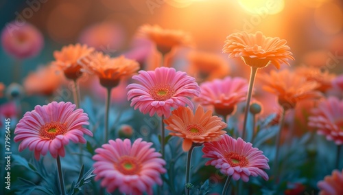 a flower garden with lots of pink flowers in it with the sun shining behind them photo