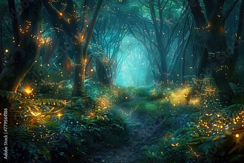 Mystical Path Through an Enchanted Forest Aglow with Magical Lights