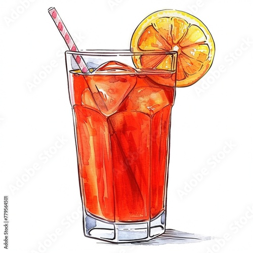 Eisgekühlte Blutorangen Limonade, mit Orangenscheibe und Strohhalm 