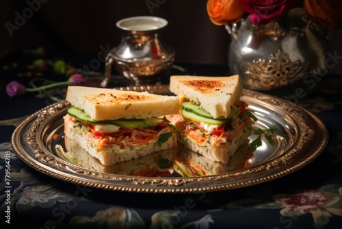 Exquisite sandwiches on a plastic tray against an antique mirror background