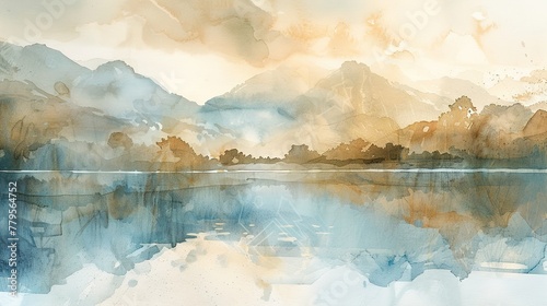 Delicate brushstrokes of watercolors forming a serene landscape with soft hues and gentle textures.