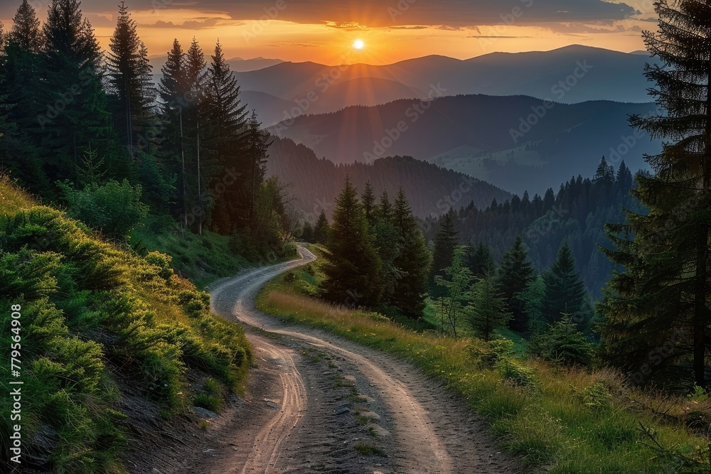 Winding Mountain Road through a Lush Forest at Sunrise - Journey into Nature's Serenity