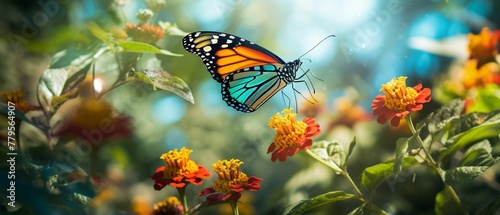 Vibrant butterfly surrounded by colorful flowers. AI-generated. © Wirestock