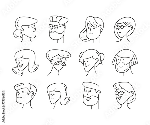 human face avatars set doodle line illustration