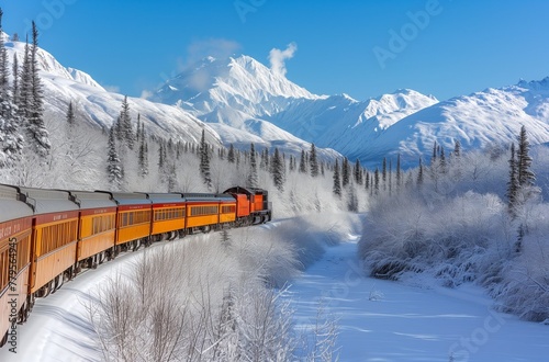 train with orange caboose going down tracks in the winter photo