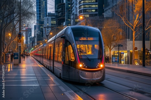 an electric train traveling down a city street at dusk with its lights on