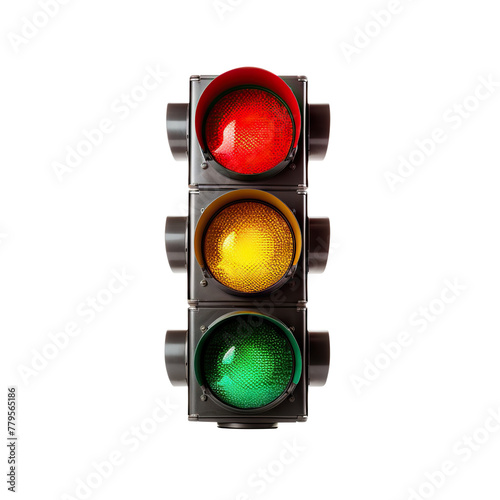 Classic traffic light with red, yellow and green lights turned on, cut out