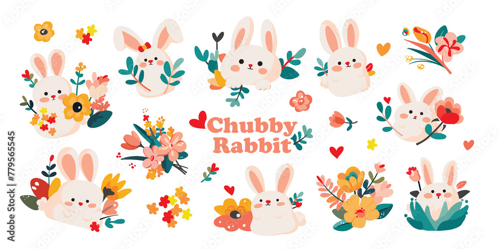 A pack of Chubby rabbit sticker collection. Set of isolated cute ...