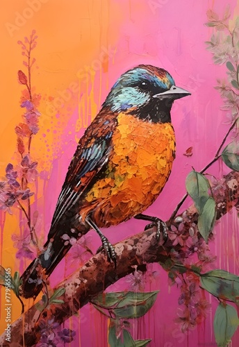 an orange and blue bird sitting on a branch with pink flowers