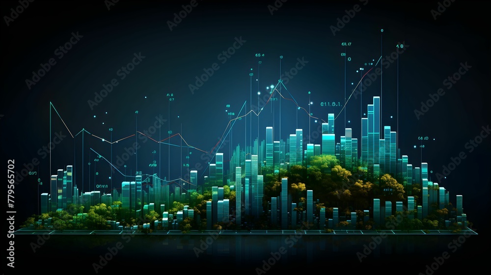 AI generated illustration of trees and a graph rising with buildings ...