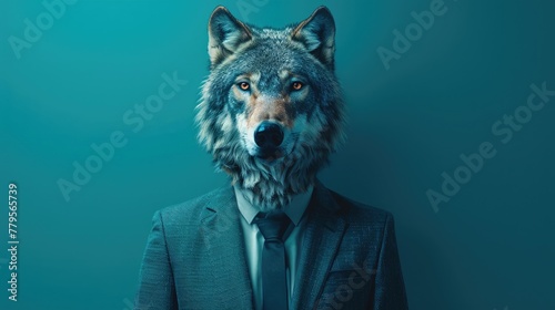 portrait of a business man with a wolf head in suit, trading and stock investment concept photo