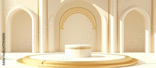 Vector illustration of a flat design Islamic podium, elegantly. Adorned with subtle Islamic motifs and accents of gold, presentations, luxurious  🕌✨ #EleganceInDesign photo