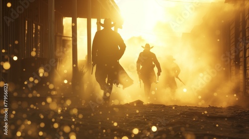 AI generated illustration of a cinematic scene of gunslingers in a showdown in an alley photo