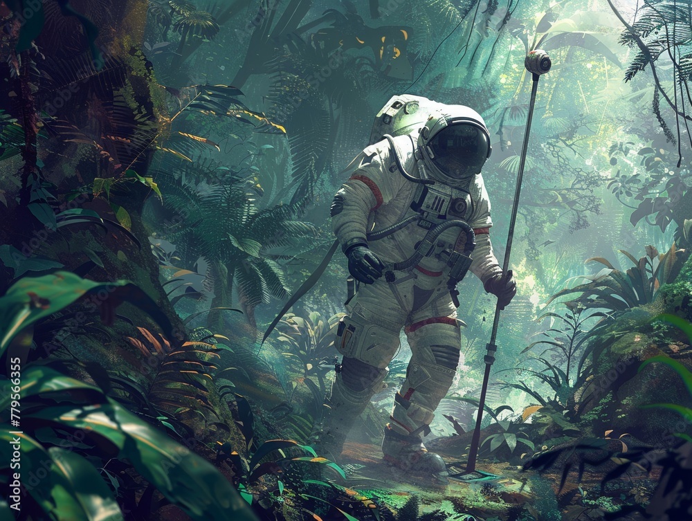 Austenitepowered astronaut, navigating time with a walker cane, mysteriously bandaged, in prehistoric jungles, vibrant dusk