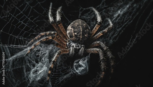 AI generated illustration of a spider covered in dew on its web in low light