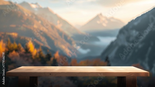 Product display on a wooden bench, showcasing material property and wood pattern under warm light, with a natural mountain scene blurred behind