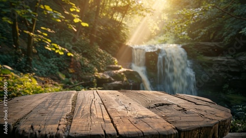 Sawmill wood table in the foreground  with a garage s intricacies softly blurred out  under the bright  hopeful ray of sunrise light