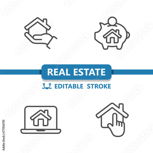 Real Estate Icons. House, Home, Hand, Piggubank, Laptop, COmputer, Finger, Hand Icon