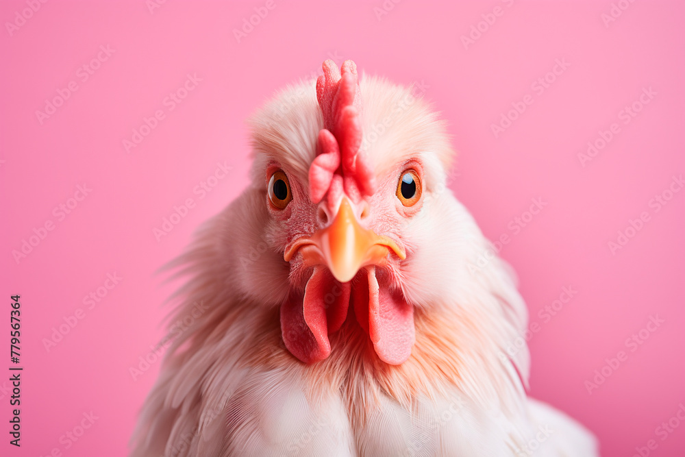 White chicken close-up on a pink background, portrait,  front view, copy space