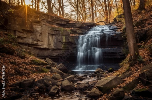 Picturesque waterfall cascading down the side of a rugged mountain, AI-generated. photo