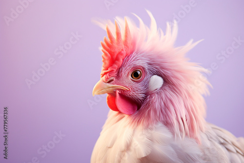 White chicken close up on a violet background, portrait,  profile, side view, copy space