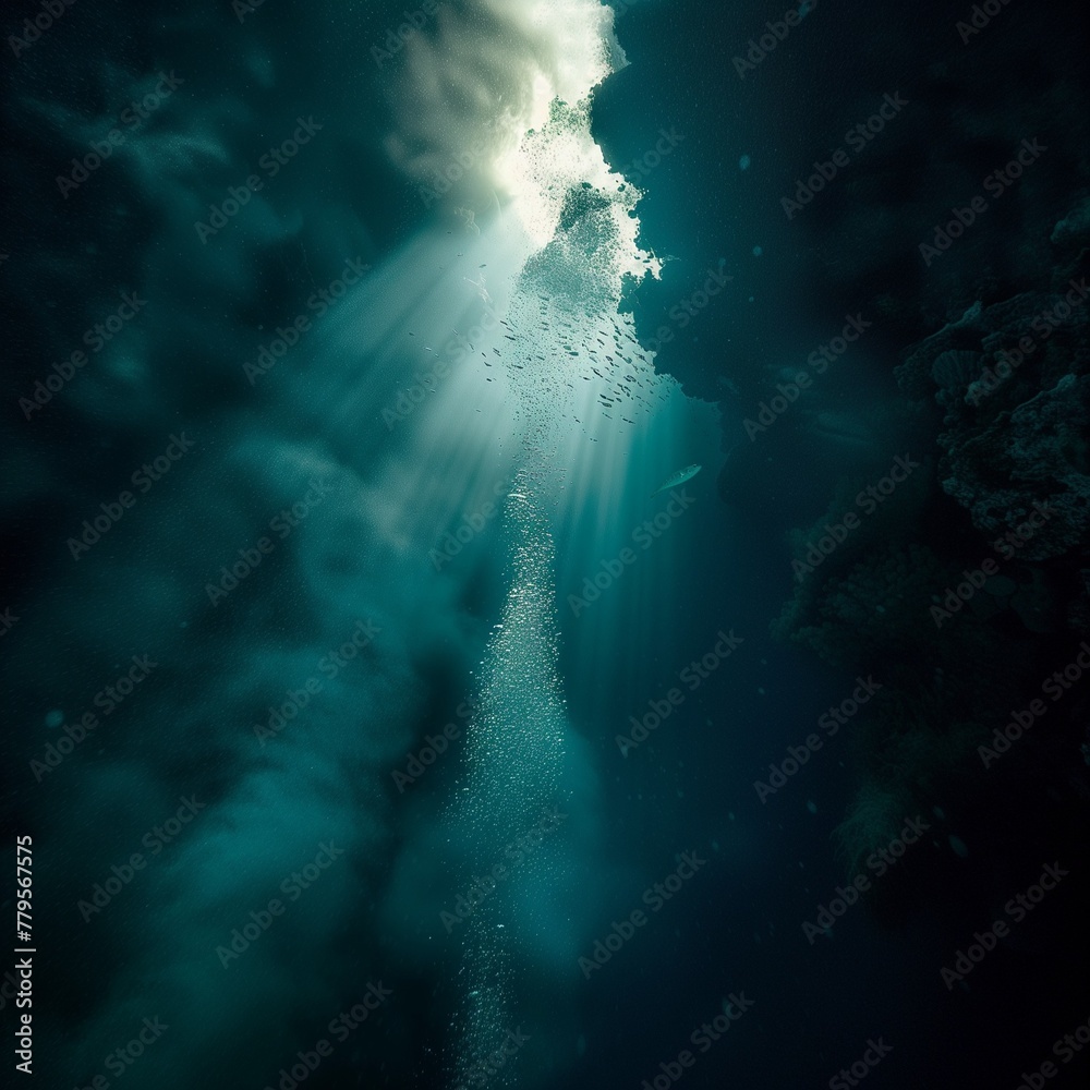 AI generated illustration of sunlight shining through clear turquoise water near a tropical island