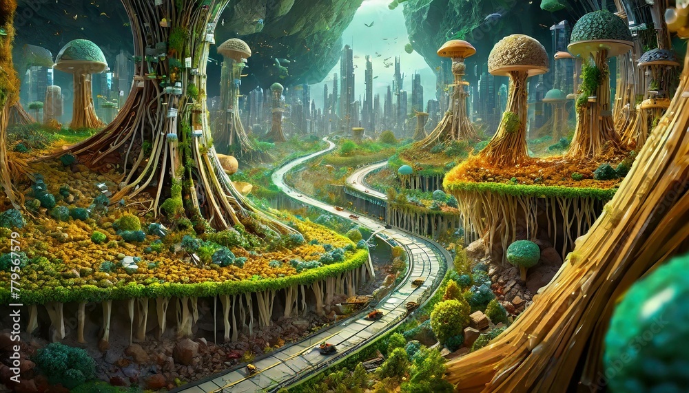 Obraz premium Depict a microbial city in the soil, a complex network of fungal hyphae acting as highways connecting different microbial communities.