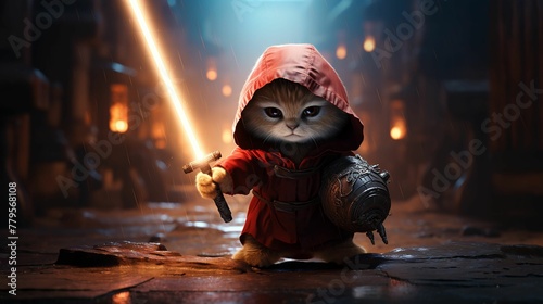 AI generated illustration of a small serious cat wearing a red hoodie and holding a lit sword photo