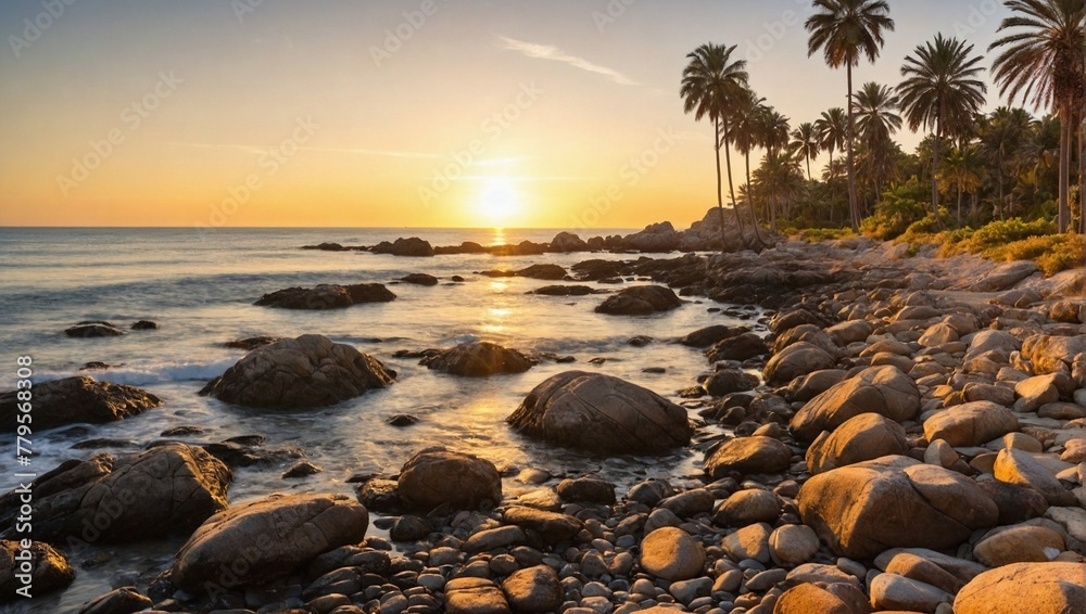 Sunset over a rocky beach with palm trees, AI-generated. Sunset over a rocky beach with palm trees, AI-generated.