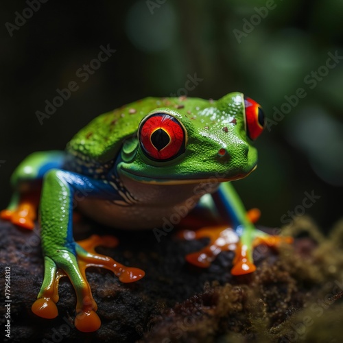 AI generated illustration of aa red-eyed tree frog perched atop a bed of lush green foliage