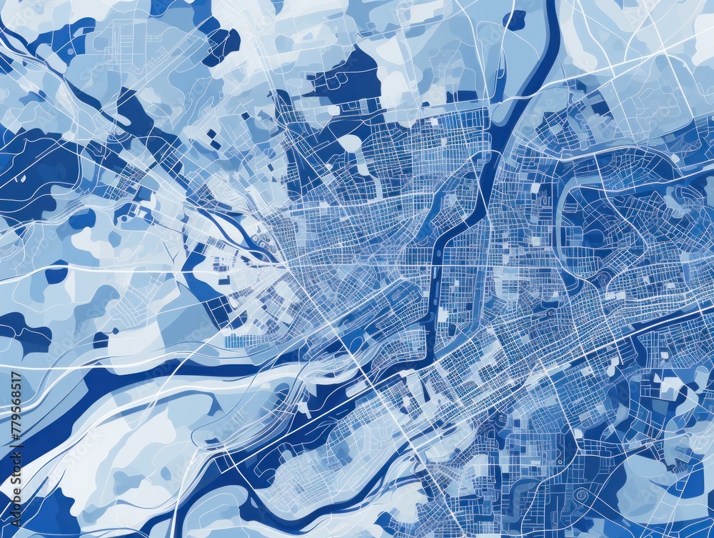 Blue and white pattern with a Blue background map lines sigths and pattern with topography sights in a city backdrop