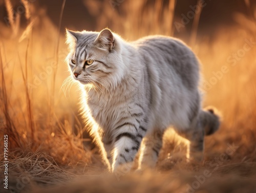 AI generated illustration of a gray striped furry cat strolling through a grassy field on the sunset © Wirestock