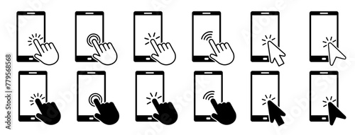 Hand cursor click symbol with phone. Cursor Icons.Clickable Cursor Icons: Clicking Hand, Pointing Gestures.Hand cursor touchscreen smartphone icon set. Vector photo