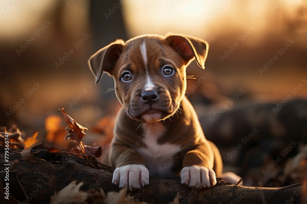 Cute and cuddly puppy in a bed of colorful autumn leaves atop a wooden log, AI-generated.