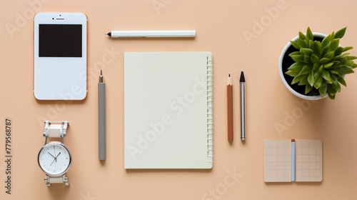 AI generated illustration of a flat lay design of an open notebook and pencils on the table